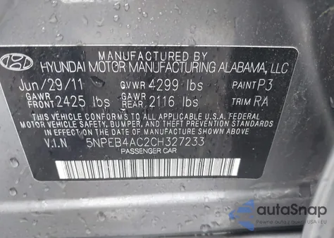 2012 Hyundai Sonata Gls z USA, uszkodzony, nr VIN 5NPEB4AC2CH327233